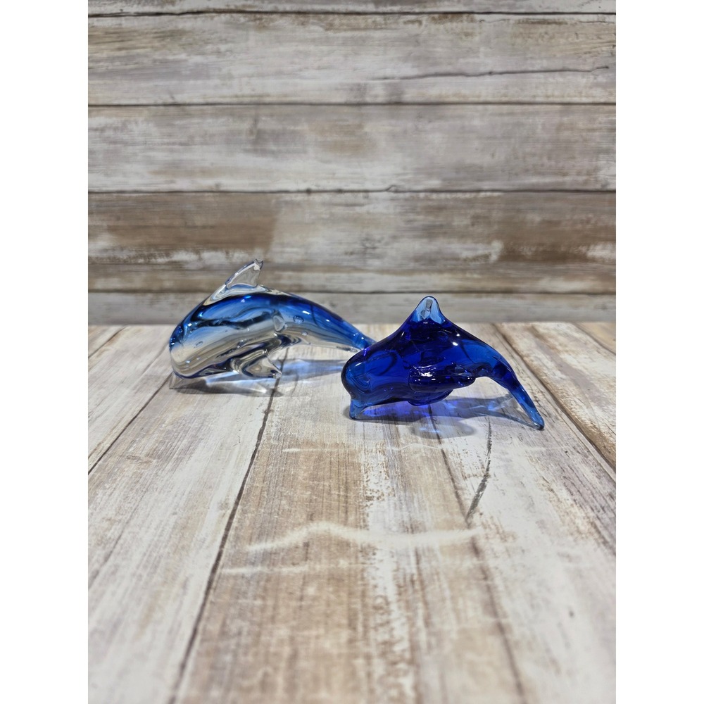 Blue Hand Blown Glass Dolphin Figurines Set of 2 Coastal Art Glass Sculptures
